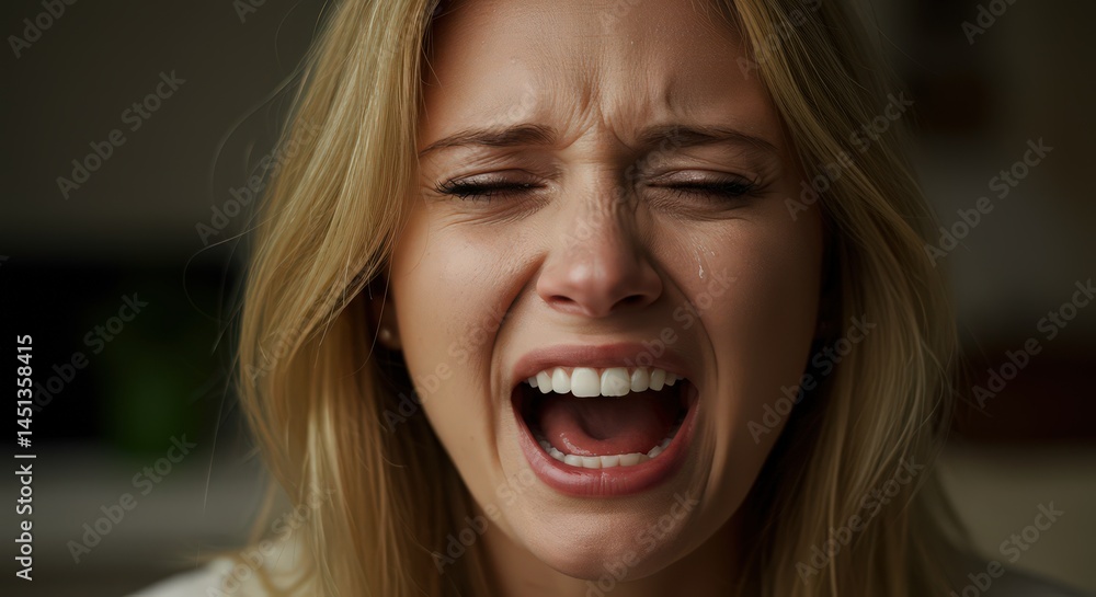 Woman Crying with Eyes Closed and Mouth Open in Distress Woman Crying with Eyes Closed and Mouth Open in Distress