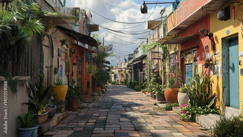 Narrow Cobblestone Street in Colorful Shanty Town