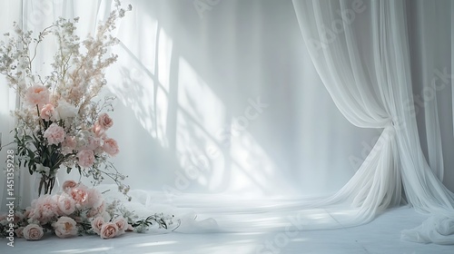 Floral backdrop, window light, soft drapes