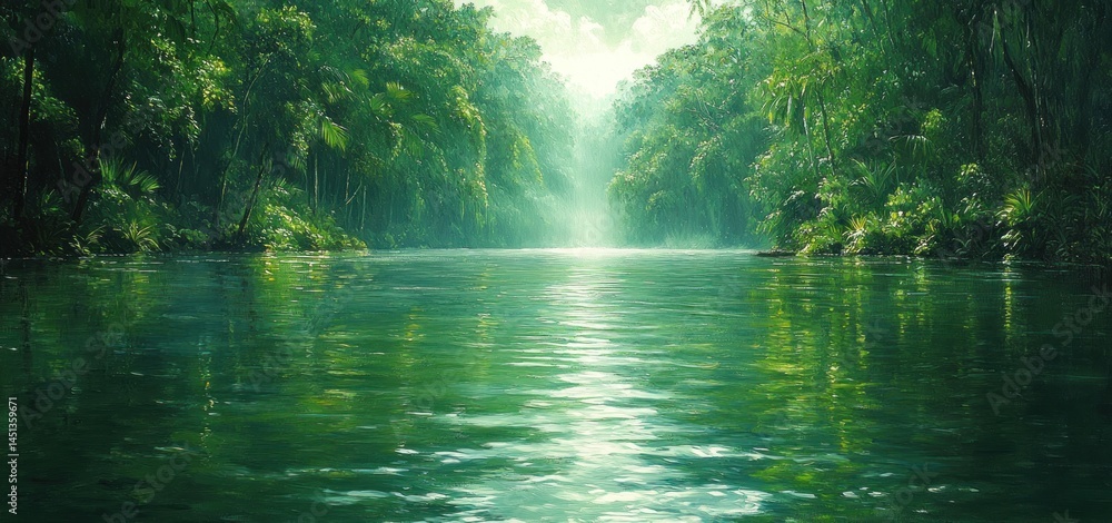 Obraz premium Serene Green River in Lush Tropical Rainforest