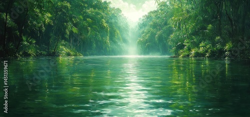 Serene Green River in Lush Tropical Rainforest