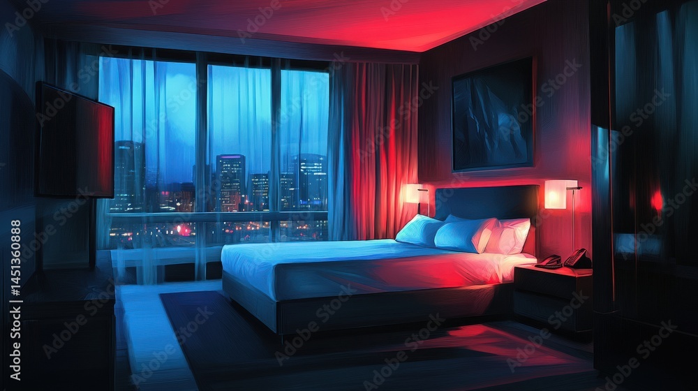 Cozy hotel room interior with modern furnishings ambient lighting and urban view Cozy hotel room interior with modern furnishings ambient lighting and urban view