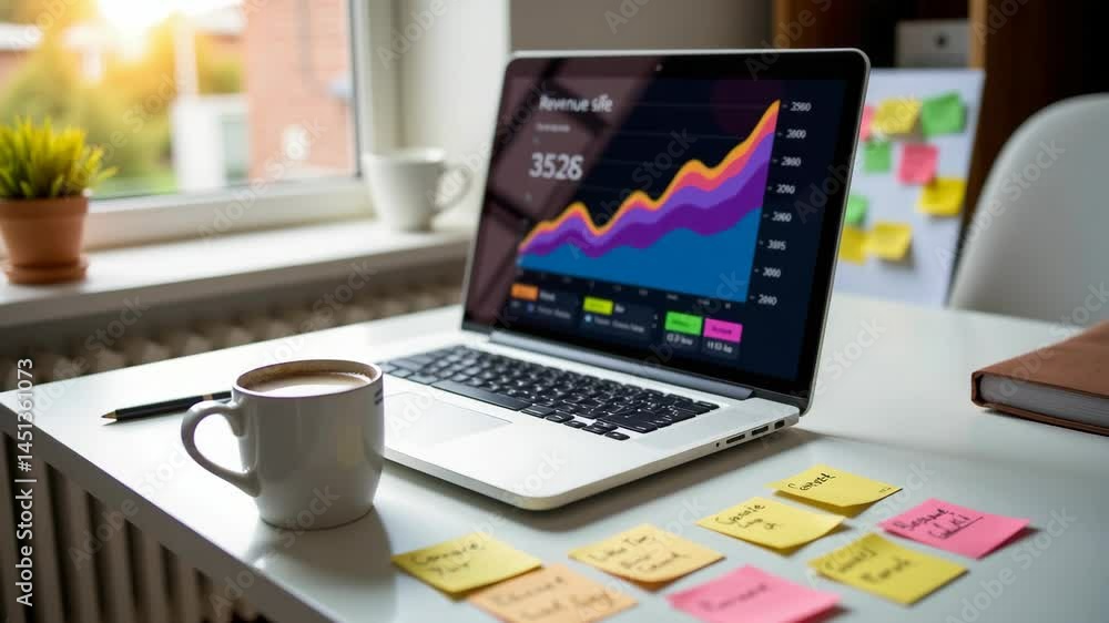 A laptop displaying a colorful analytics chart sits on a desk with coffee, sticky notes, and a sunny window in the background. A laptop displaying a colorful analytics chart sits on a desk with coffee, sticky notes, and a sunny window in the background.