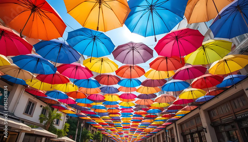 Vibrant umbrellas suspended above a city street create a joyful, artistic urban canopy. Ideal for themes of creativity, public art, festivals, or trendy travel destinations.