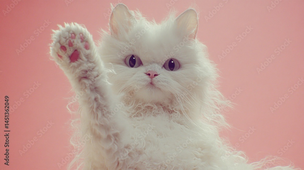 Fototapeta premium Fluffy white cat paw up, pink background.