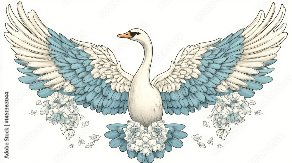 Fototapeta premium Elegant swan with outstretched wings adorned with pastel blue feathers and flora