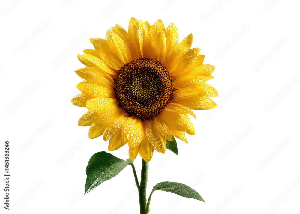 Fototapeta premium Close up of a single yellow sunflower with water drops on petals, green stem and leaves, isolated on transparent background, flower, nature, plant.