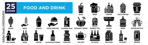 food and drink icon collection set. Containing design Soda ,Beer ,Liquor ,Cold Coffee ,Coffee