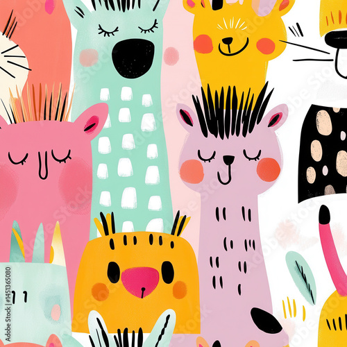 Colorful cartoon animals with cute expressions and playful designs create joyful atmosphere