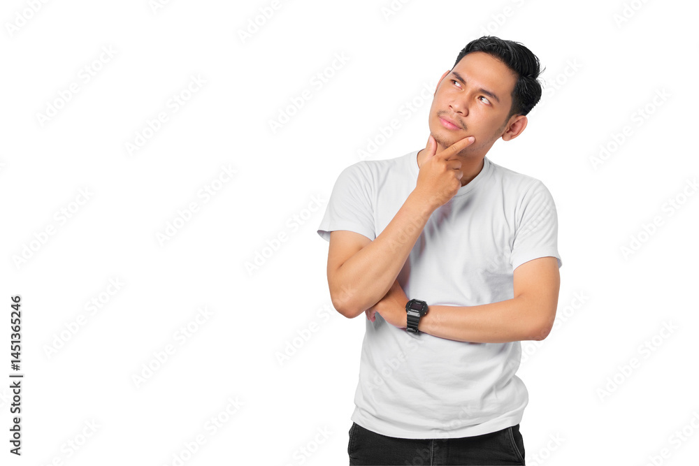 Pensive young Asian man with a serious face thinking about a question, thoughtful about confusing idea isolated on transparent background Pensive young Asian man with a serious face thinking about a question, thoughtful about confusing idea isolated on transparent background