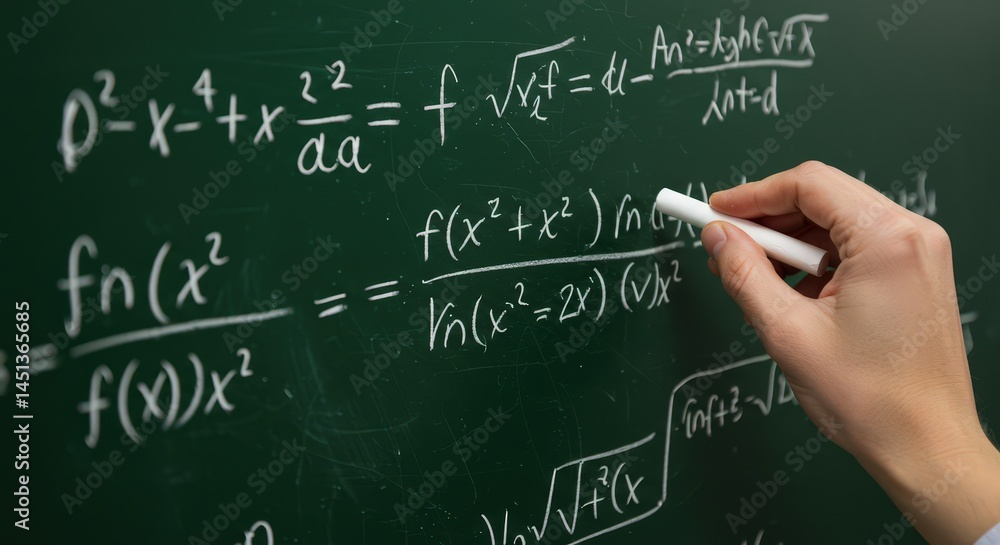 Solving Equations on Chalkboard with Hand Holding Chalk Solving Equations on Chalkboard with Hand Holding Chalk
