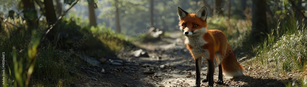 Fototapeta premium A fox standing in a sunlit forest path.