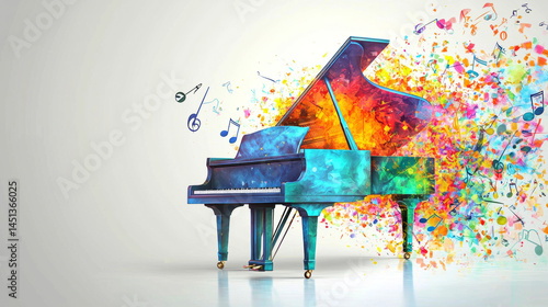 colorful piano on white background with music notes flying