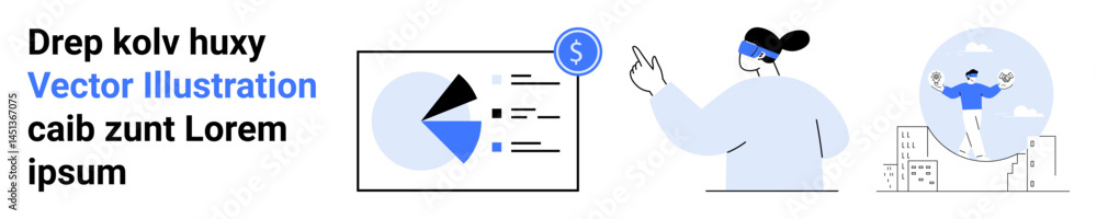 Businesswoman reviewing charts alongside a dollar icon and a person cheering success. Ideal for data analysis, finance, teamwork, motivation, business strategy, presentation, simple landing page Businesswoman reviewing charts alongside a dollar icon and a person cheering success. Ideal for data analysis, finance, teamwork, motivation, business strategy, presentation, simple landing page
