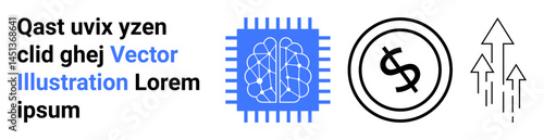 AI brain in microchip, currency growth icon, arrows indicating progression. Ideal for tech, finance, data analytics, innovation, AI development, economic trends abstract line flat metaphor