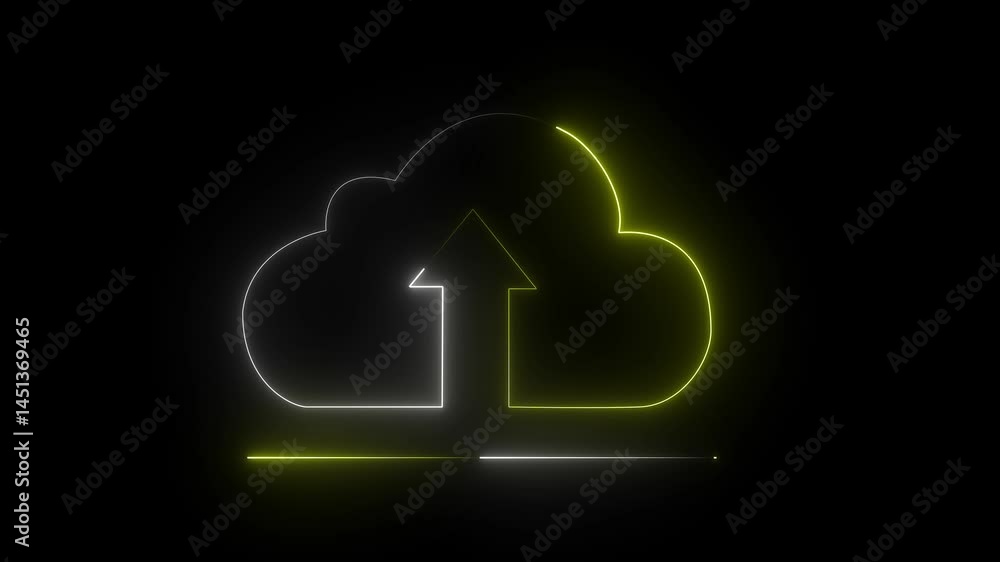 Glowing neon cloud storage with arrows, looped animation. Cloud space and technology, data backup icon. 4k motion graphics animation. Glowing neon cloud storage with arrows, looped animation. Cloud space and technology, data backup icon. 4k motion graphics animation.