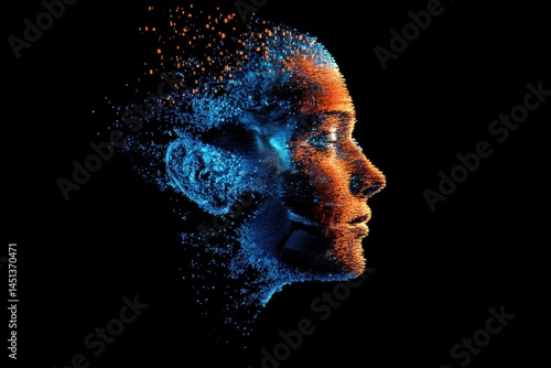 Abstract profile of a woman's face dissolving into particles.
