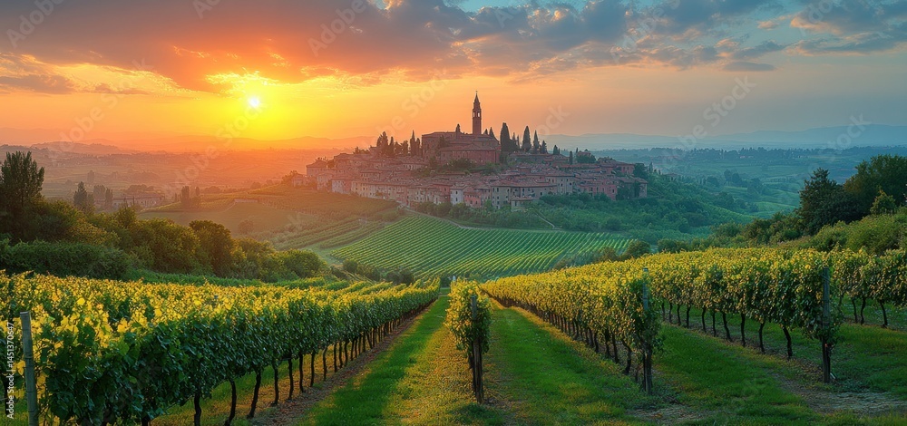 Naklejka premium Tuscan Sunset: Vineyards and Medieval Town at Golden Hour