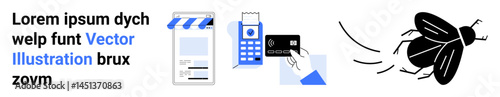 Card tapping on a POS terminal, storefront icon, flying insect. Ideal for payment systems, technology, shopping, retail, finance, pest control simple landing page