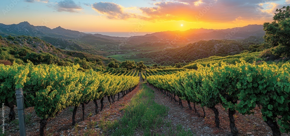 Naklejka premium Sunset over Vineyard in Mountainous Landscape