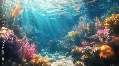 Vibrant Underwater Coral Reef Scene with Sunbeams