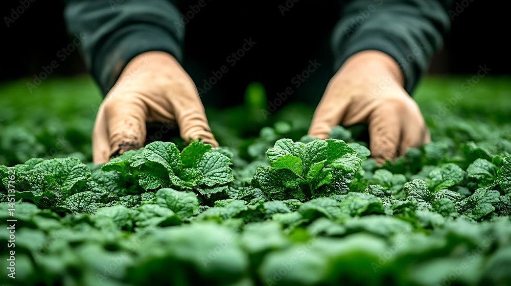 Hands tending mint seedlings in greenhouse Hands tending mint seedlings in greenhouse
