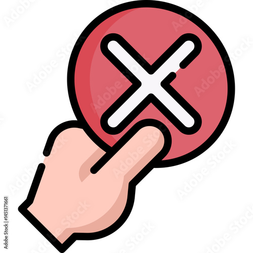 A hand holding a red circle with a white X. It represents rejection canceling or a denied action suitable for user interfaces and error messages.