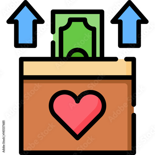 A donation box with a heart and money. Arrows indicate giving and growth suggesting a charity or fundraising application. Perfect for non-profits and financial services.
