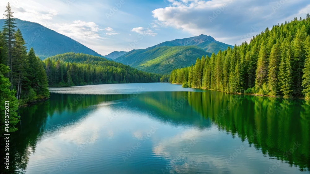 Naklejka premium SDGs-Sustainable Development Goals, Clean Water and Sanitation Serene lake surrounded by lush mountains and forest under a vibrant sky.