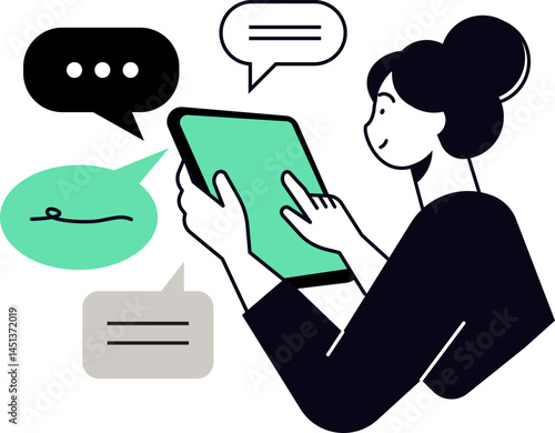 Illustration depicts a person using a tablet with speech bubbles suggesting online communication or messaging. Ideal for tech or social media concepts.