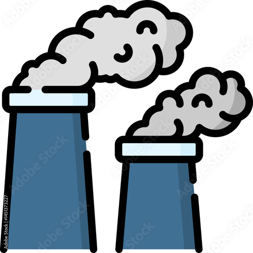 An icon depicting industrial chimneys emitting smoke representing pollution. This image is applicable for presentations about environment and air pollution issues.