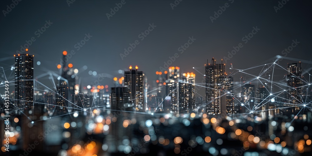 Fototapeta premium Urban Skyline at Night with Network Connections and Illuminated Buildings Showcasing Digital Connectivity in a Modern Cityscape