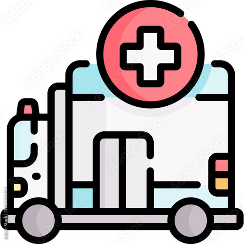 A stylized ambulance icon featuring a medical cross. Ideal for healthcare applications or emergency services. It symbolizes quick aid and assistance.