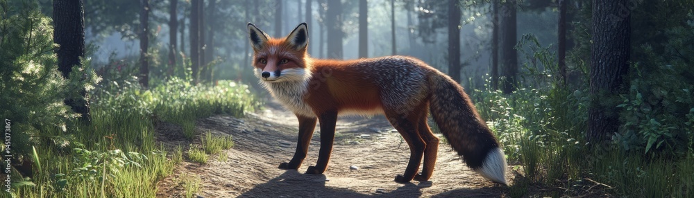 Fototapeta premium A majestic fox in a lush forest setting.
