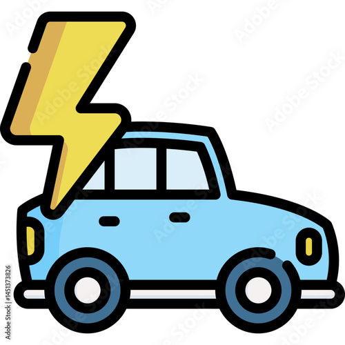 A blue car with a yellow lightning bolt symbolizing electric vehicles and their sustainable energy source. Ideal for environmental blogs or eco-friendly advertisements
