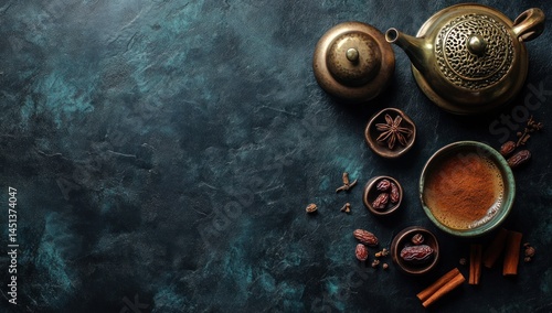 Fototapeta Naklejka Na Ścianę i Meble -  Aromatic spiced tea with dates and teapot on dark background.