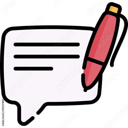 This image depicts a speech bubble with lines and a pen representing writing or composing content. Use it for blogs or creating any textual material.