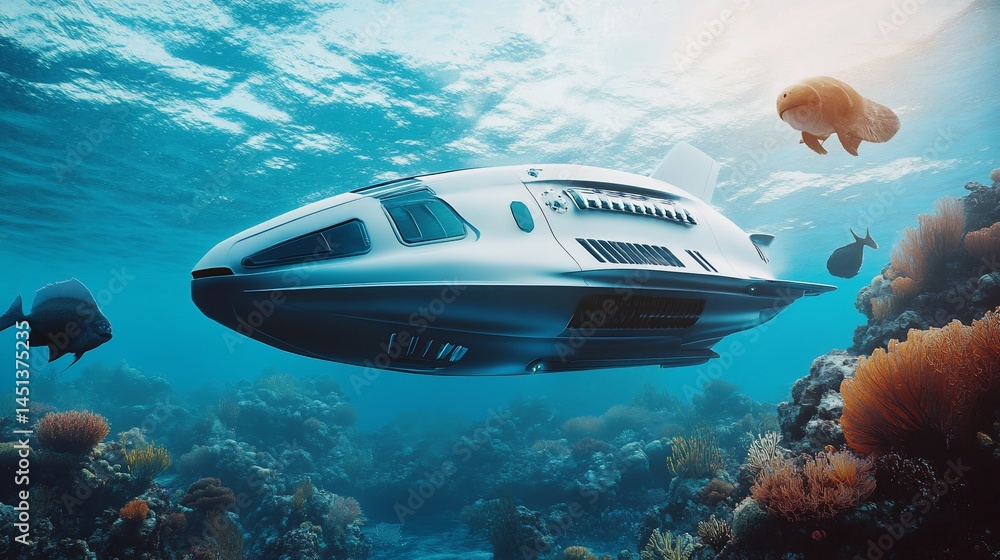 Fototapeta premium Underwater Exploration: A Submersible Vehicle Navigating a Vibrant Coral Reef