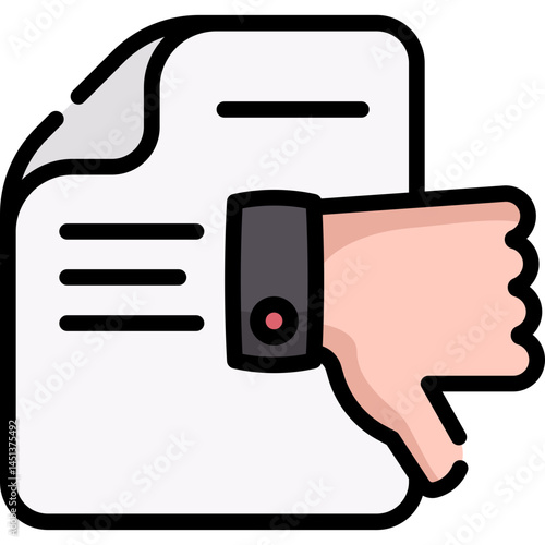 Icon representing a document and a hand with a thumbs down gesture indicating disapproval or rejection. Suggests an application for negative feedback or document review.