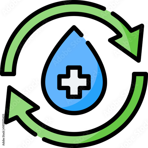 Icon depicts water drop with plus sign inside a recycling symbol. Suggests water treatment purification reuse. Great for environmental health symbols