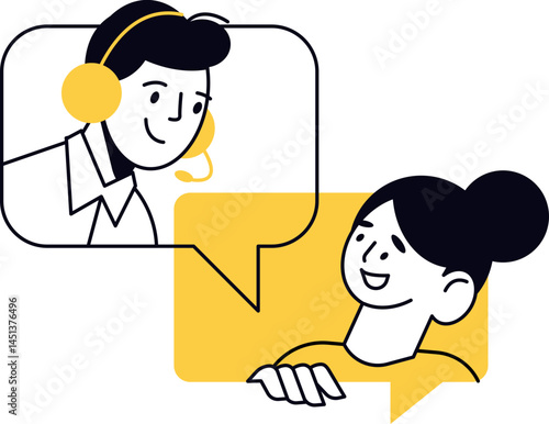 Image depicts a customer service interaction. A person with headphones is speaking and another person is listening. Perfect for customer support websites or educational content.