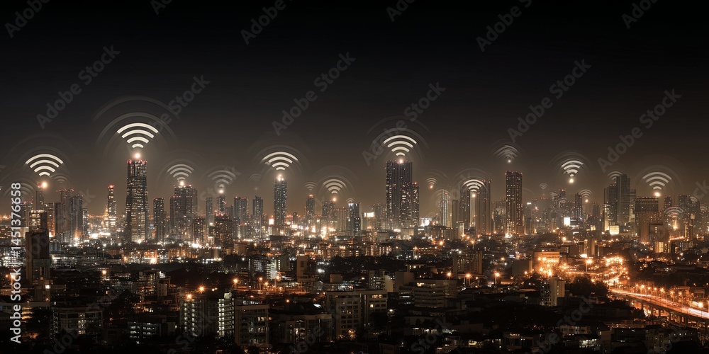 Fototapeta premium Night Cityscape with Wi-Fi Signal Icons Representing Connectivity and Technology Trends, Urban Life, Internet of Things, Digital Communication