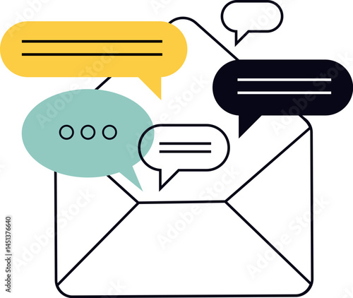 Icon of an envelope surrounded by various colorful speech bubbles. Represents communication messaging and email interactions. Suggests use in applications like email clients and chat apps.