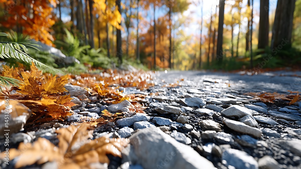 Scenic Autumn Road Cobblestone Path with Vibrant Fall Foliage and Sunlight Scenic Autumn Road Cobblestone Path with Vibrant Fall Foliage and Sunlight