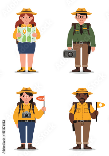 A simple flat design set of 4 diverse tour guide characters with unique outfits and gear, perfect for apps, websites, and travel illustrations.