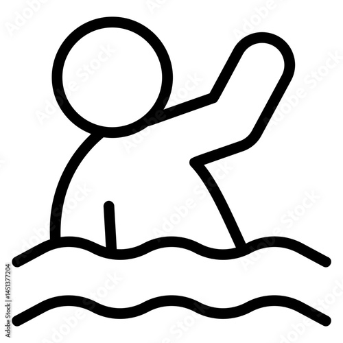 A simple illustration depicting a person drowning in water raising their hand for help. Useful for safety posters or warning signs regarding water dangers.