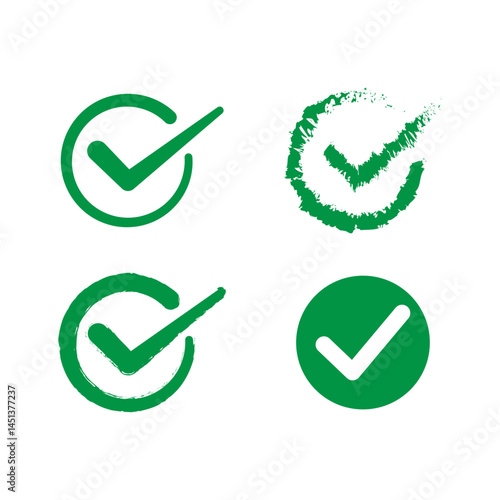 Check mark green icon button set. Isolated checkmark symbol, right sign concept
