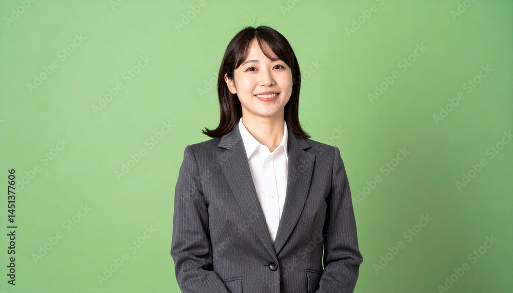 ジャケットを着た日本人女性が立っています。彼女は真剣な表情で前を見つめ、自信に満ちた姿勢でビジネスシーンにふさわしい雰囲気を漂わせています ジャケットを着た日本人女性が立っています。彼女は真剣な表情で前を見つめ、自信に満ちた姿勢でビジネスシーンにふさわしい雰囲気を漂わせています