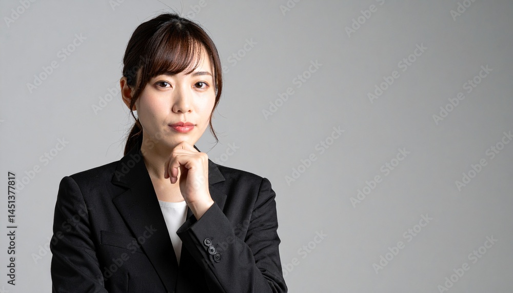 ジャケットを着た日本人女性が立っています。彼女は真剣な表情で前を見つめ、自信に満ちた姿勢でビジネスシーンにふさわしい雰囲気を漂わせています ジャケットを着た日本人女性が立っています。彼女は真剣な表情で前を見つめ、自信に満ちた姿勢でビジネスシーンにふさわしい雰囲気を漂わせています