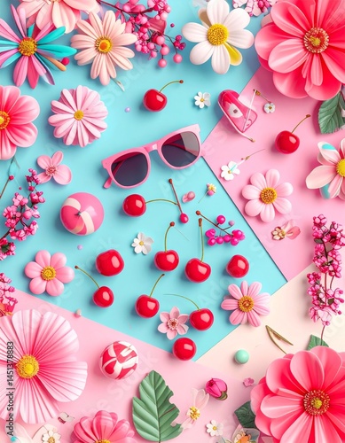 Vibrant flat lay arrangement featuring diverse flowers, cherries, and pink sunglasses on a blue and pink pastel backdrop, conveying a sense of freshness and style.